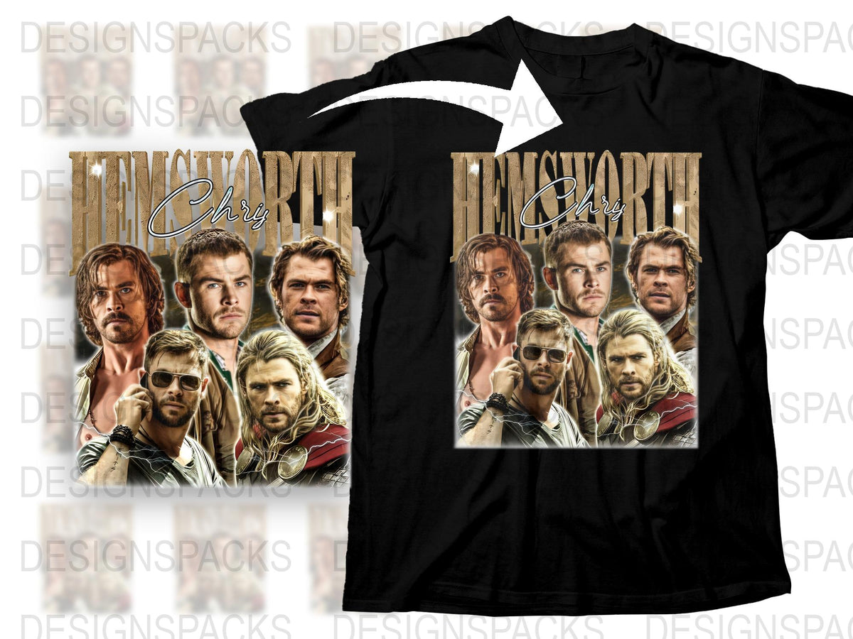 Chris Hemsworth Thor Movie Collage Graphic T-Shirt, Unisex Superhero Tee, Film Fan Gift Idea
