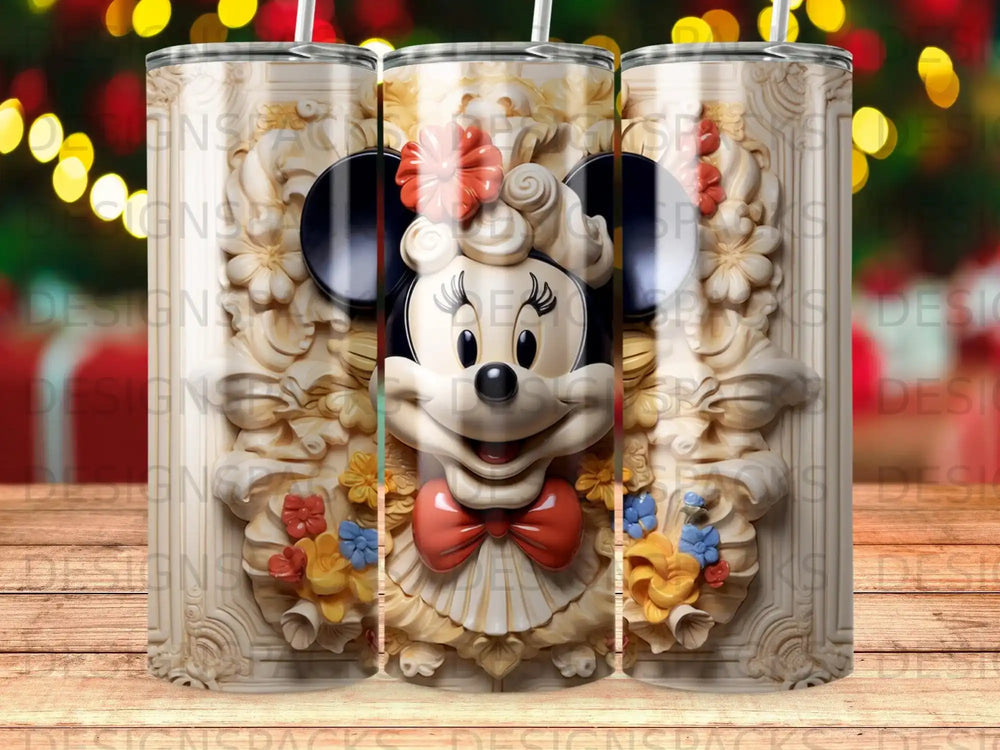 Minnie Mouse with bow and flowers on a textured tumbler.