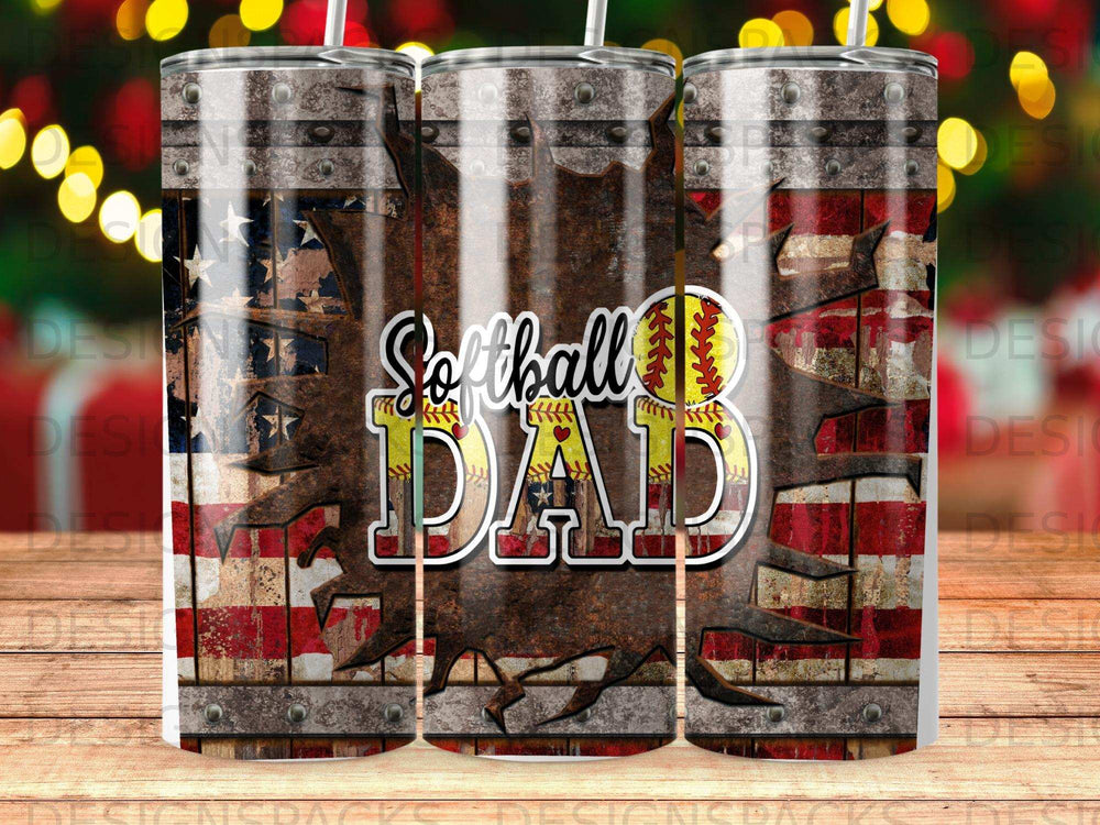 Softball Dad tumbler with American flag and distressed wood pattern.