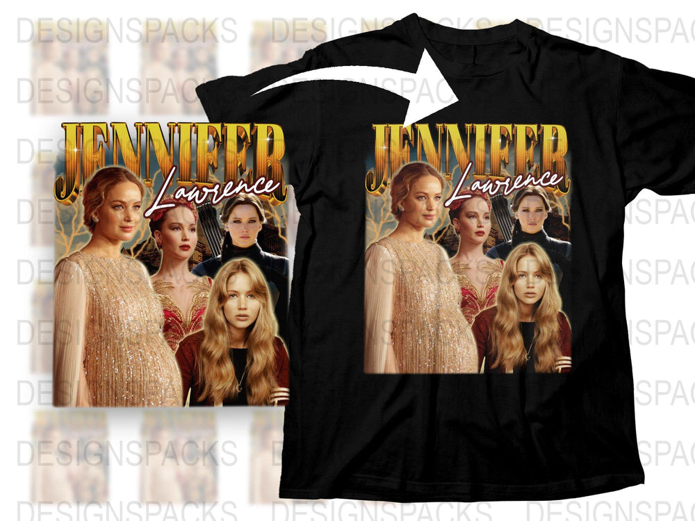 Jennifer Lawrence Graphic T-Shirt, Movie Star Fan Apparel, Gold Glitter Print, Celebrity Tee, Fashion Statement Shirt