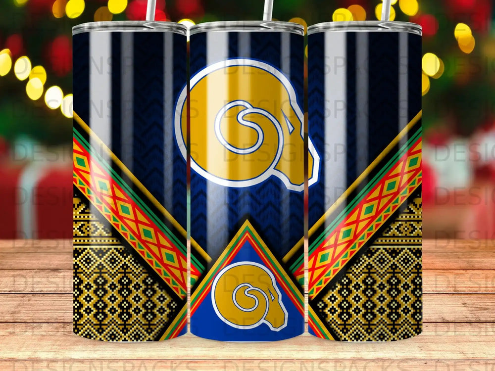 Los Angeles Rams logo on a patterned tumbler with bokeh lights in background.