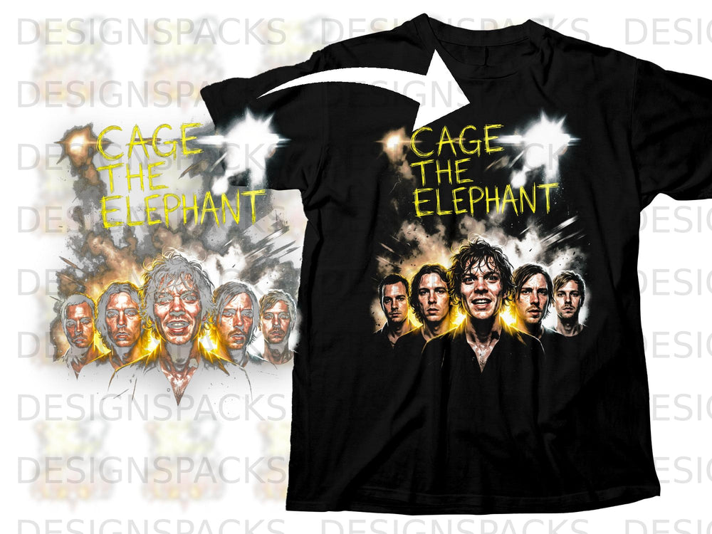 Black t-shirt with "Cage the Elephant" text and band members illustration.