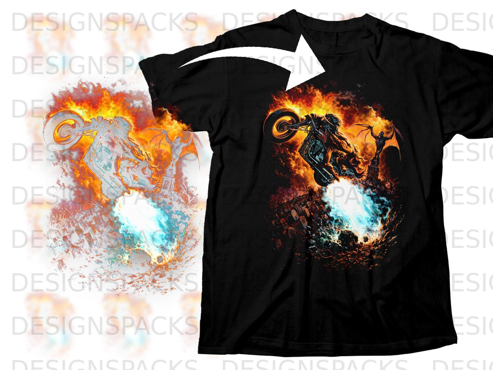 Black t-shirt with flaming skeleton on motorcycle and a demon in hellish landscape.
