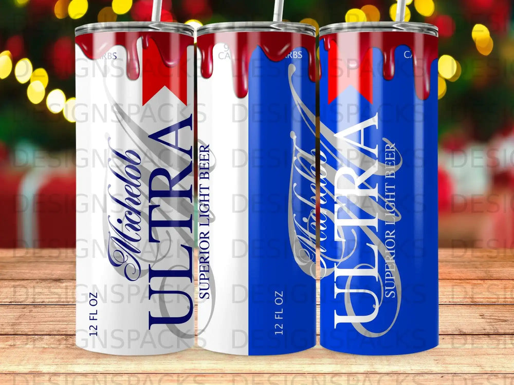 Two Michelob ULTRA Superior Light Beer 12 oz tumblers against a patterned background.