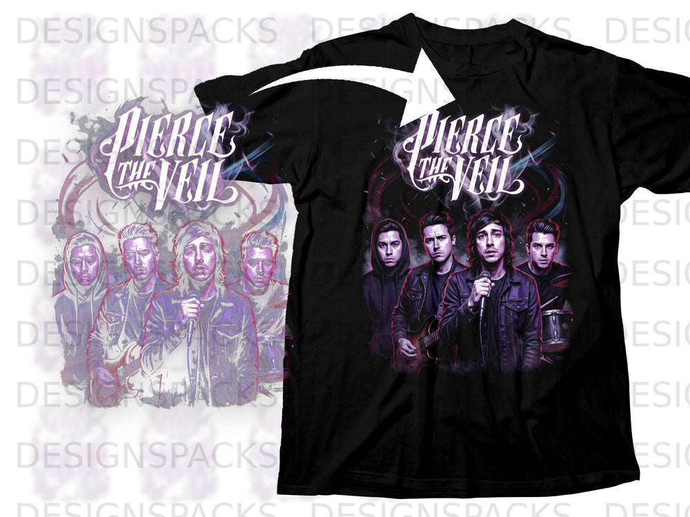 Black t-shirt with Pierce the Veil band graphic featuring five members.