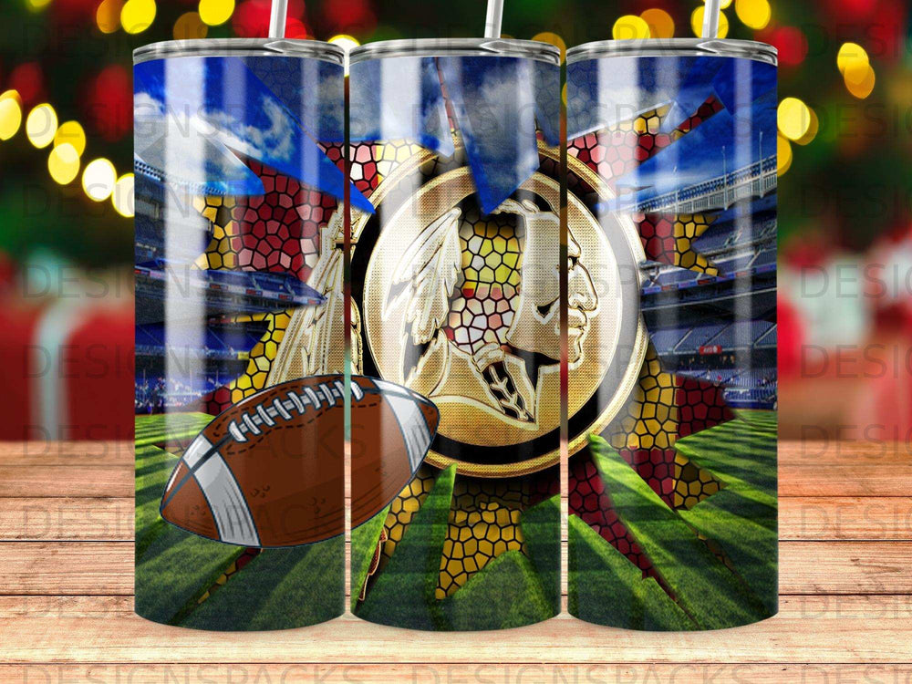 Football stadium with Washington Commanders logo, football, and sunburst background.