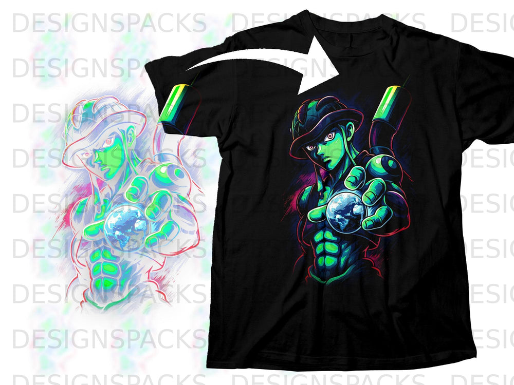 Black t-shirt featuring a vibrant anime character with green skin holding a planet.