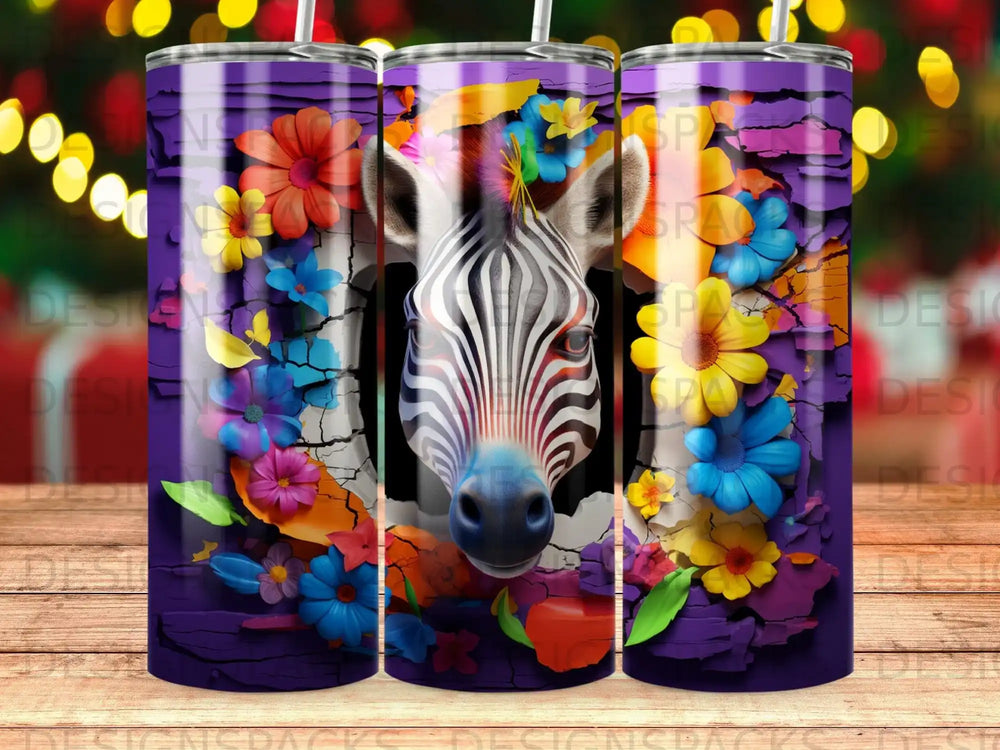 Zebra face bursting through cracked purple wood with colorful flowers.
