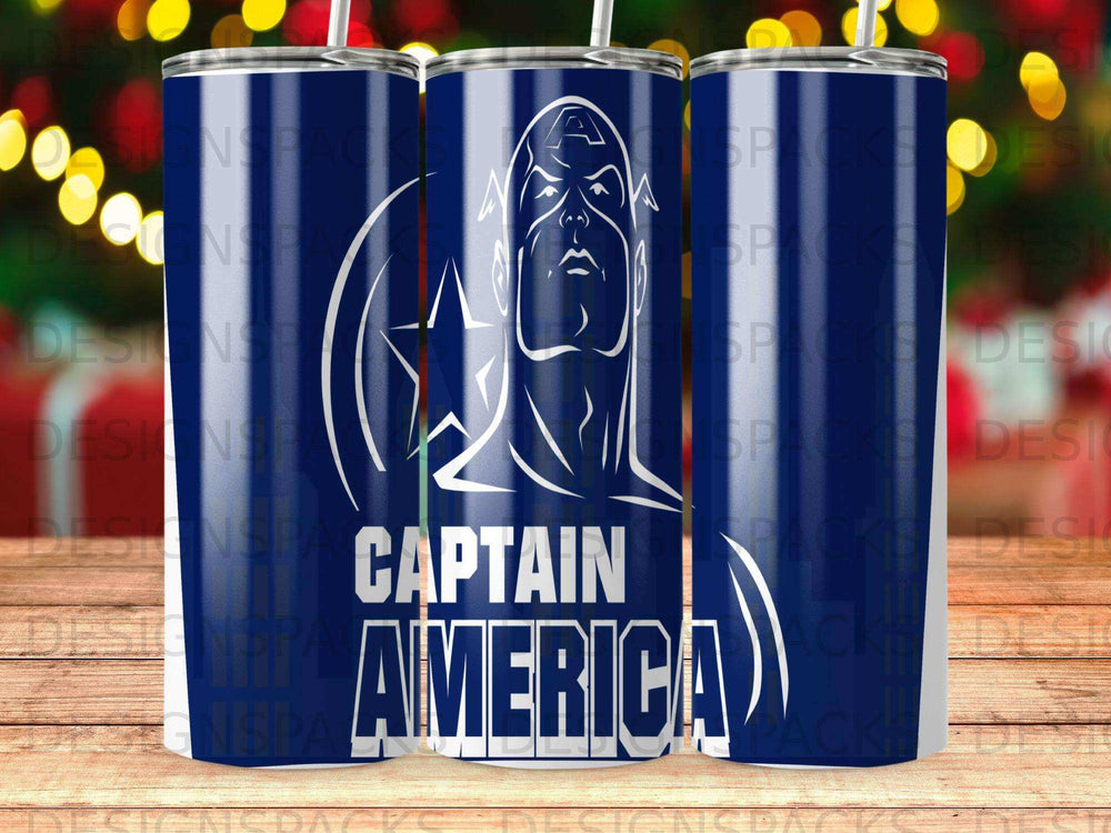 Captain America comic book illustration on a blue tumbler.