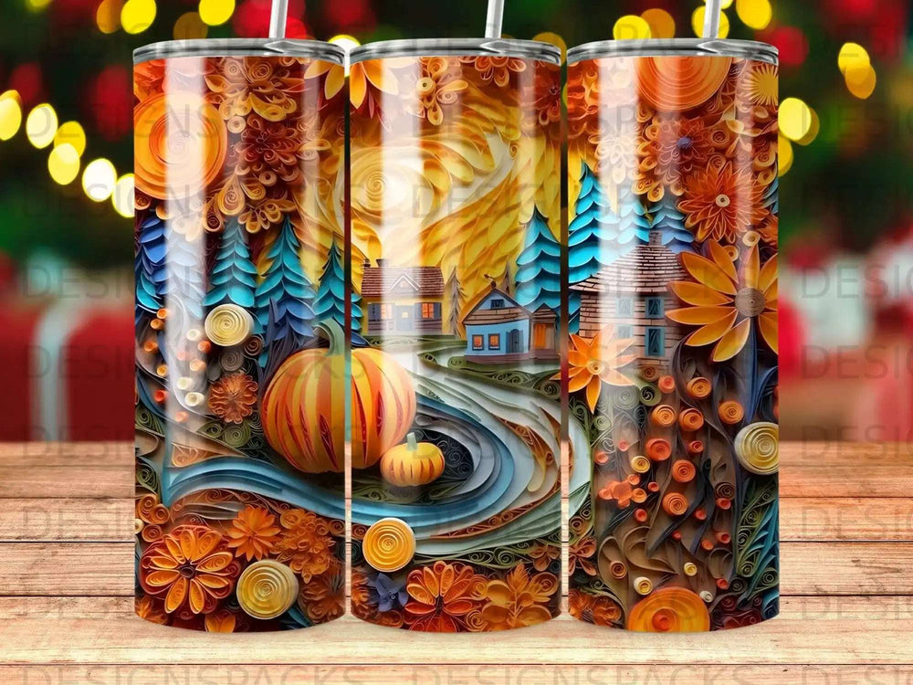 Autumn scene with pumpkins, trees, and houses on a patterned cylindrical tumbler.