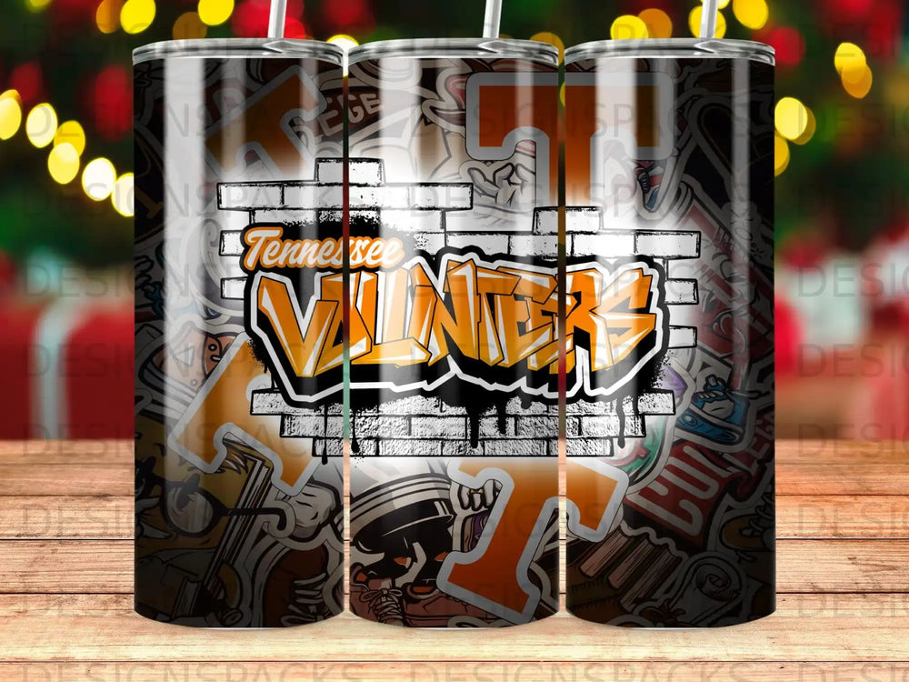 Tennessee Volunteers graffiti tumbler with brick pattern.