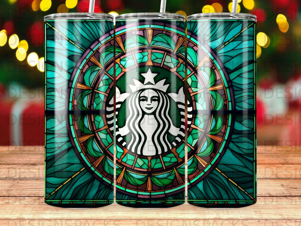 Starbucks siren logo on a stained glass tumbler with bokeh lights background.