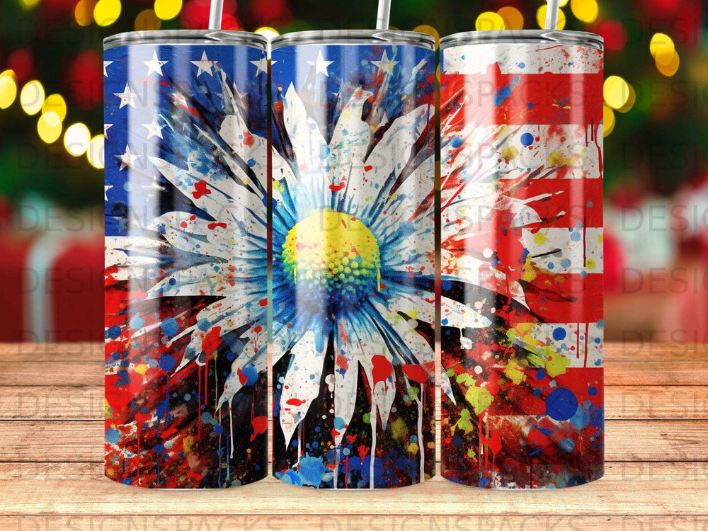 Distressed USA flag watercolor daisy tumbler with bokeh lights background.