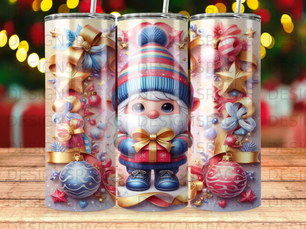 Festive gnome holding gift, surrounded by ornaments and stars, on a tumbler.