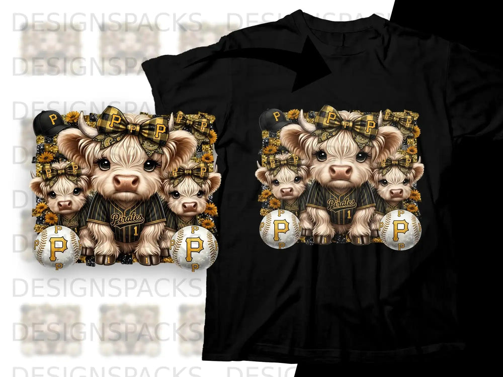 Pirates-themed cows with sunflowers and baseballs on a black t-shirt.