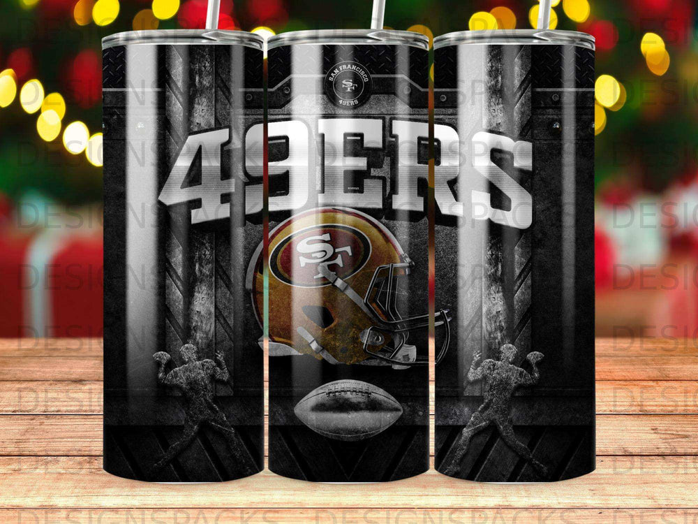 San Francisco 49ers helmet, football, and team logo on a black textured background.