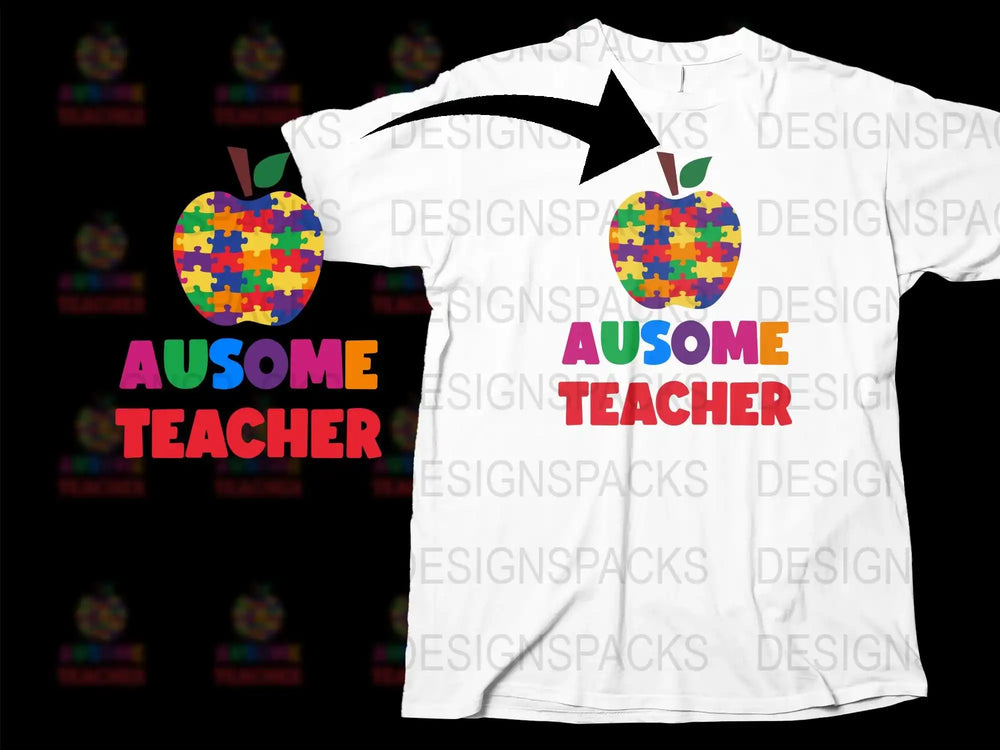 Autism Awareness T-Shirt Ausome Teacher Colorful Puzzle Apple Design Unisex Tee
