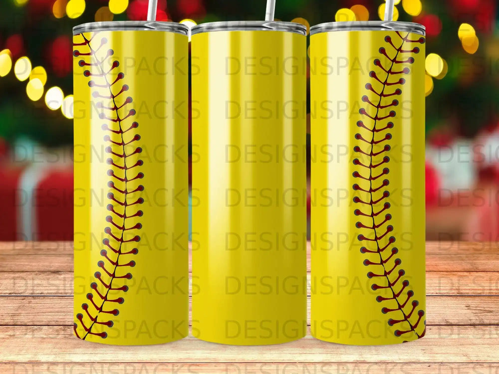 Yellow tumbler with baseball stitching design and "PACKS DESIGNSPACKS" text.