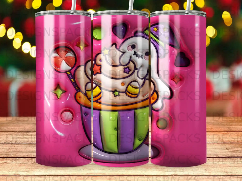 Ghost with lollipop and sprinkles on a pink and green striped background.