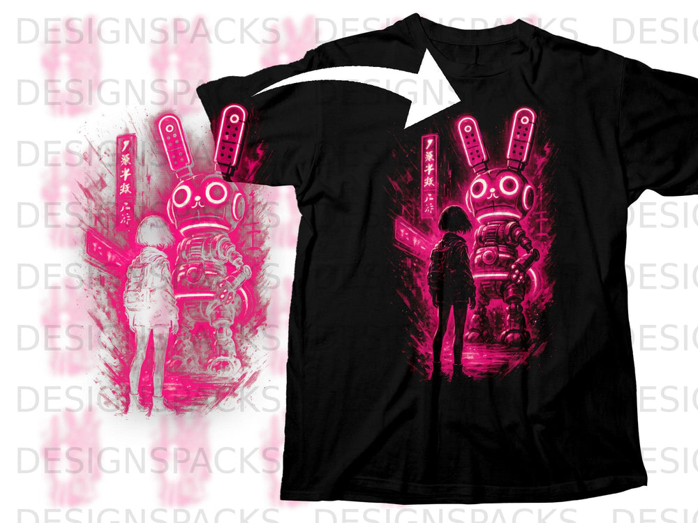 Black t-shirt with a neon pink anime-style design of a robot bunny and a girl.