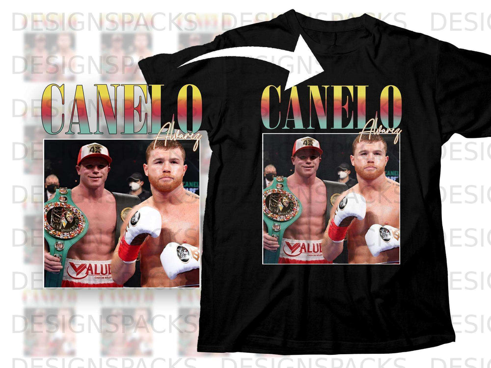 Canelo Alvarez boxing shirt with his image and championship belts.