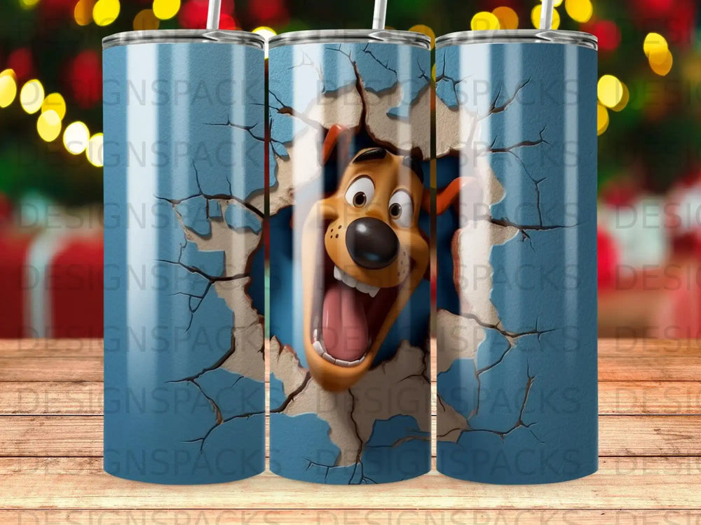 Scooby-Doo breaking through a cracked blue wall with his mouth open.