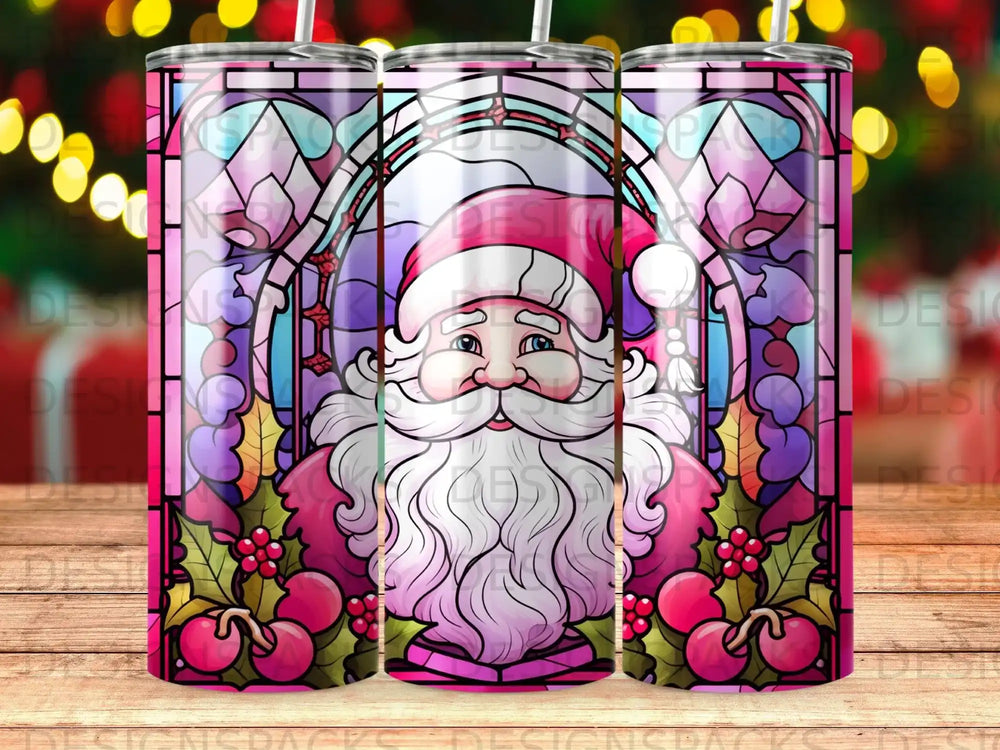 Stained glass Santa Claus with pink trim and holly berries.
