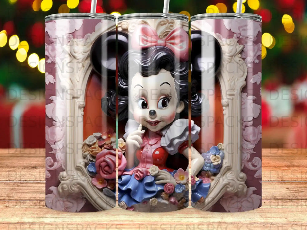 Minnie Mouse in ornate frame with pink bow and floral accents.