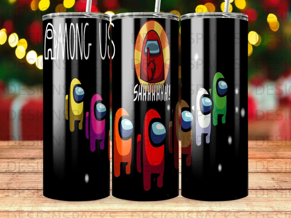 Among Us characters with "SHHHH!" text on black tumblers.