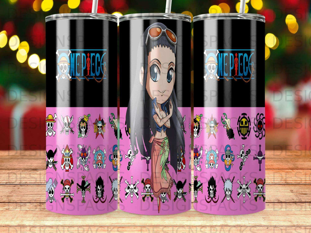Nico Robin from One Piece on a patterned tumbler with skulls and crossbones.