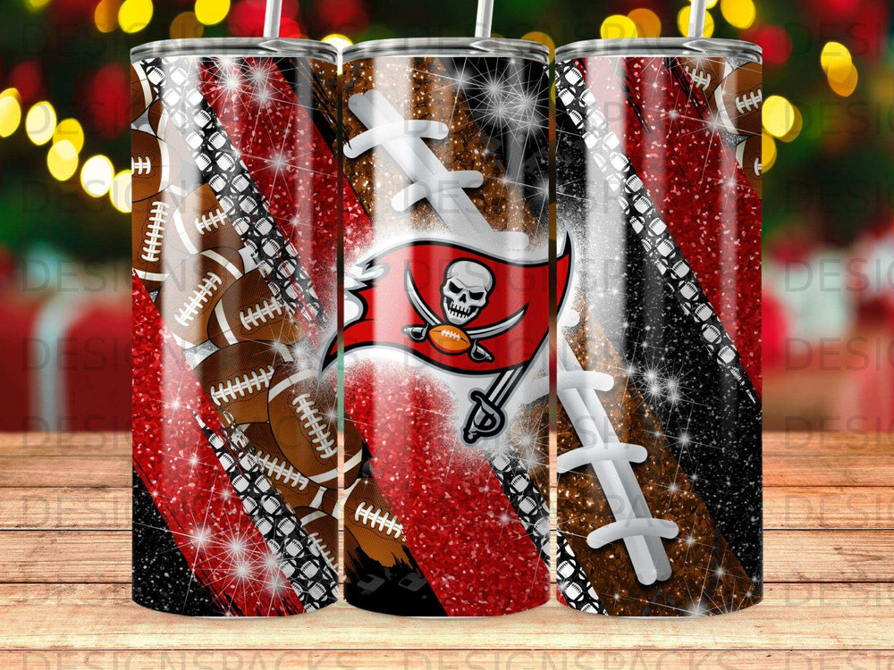 Tampa Bay Buccaneers football themed tumbler with glitter and team logo.