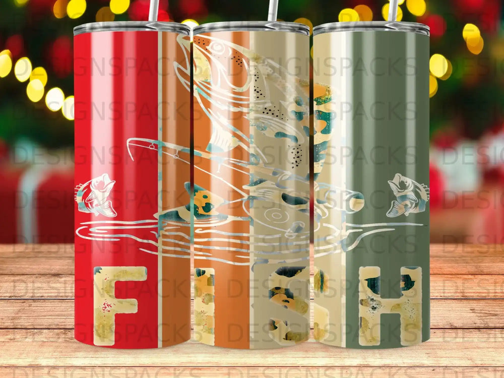Three tumblers with colorful trout and fishing graphics on a blurred bokeh background.