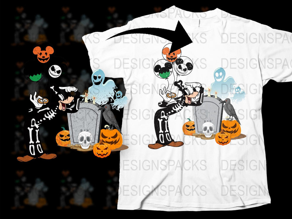Halloween Skeleton T-Shirt, Spooky Pumpkin and Graveyard Design, Unisex Ghost Graphic Tee