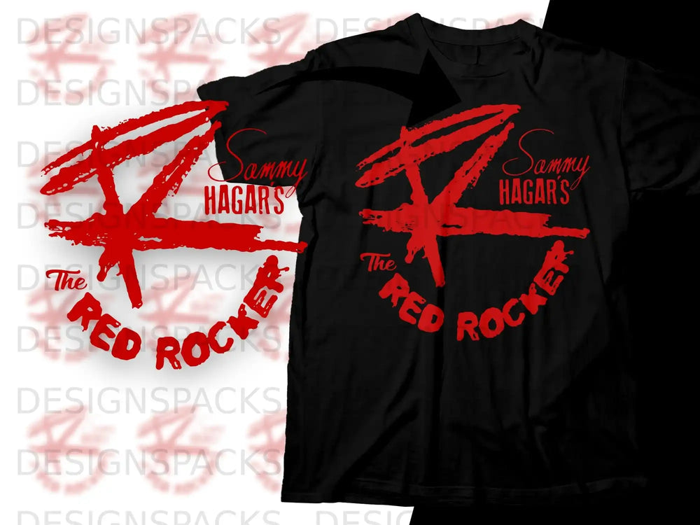 Sammy Hagar's Red Rocker logo in red on a black t-shirt.