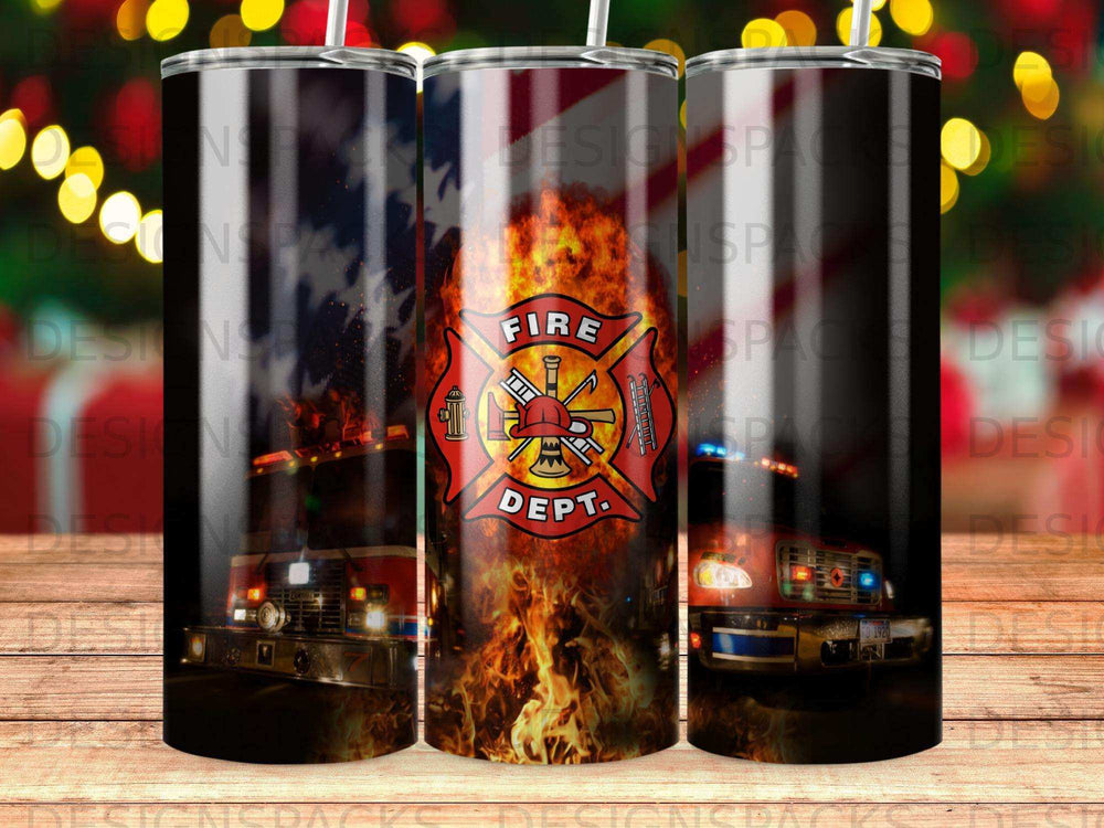 Fire truck and department emblem with American flag and flames.