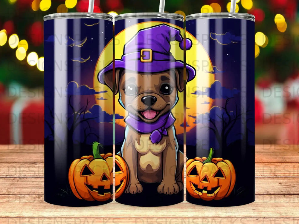 Cute dog in witch hat with pumpkins under moon.