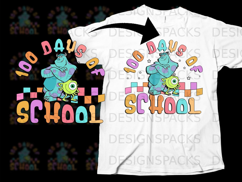 Sulley and Mike from Monsters, Inc. celebrate "100 Days of School" on a shirt.