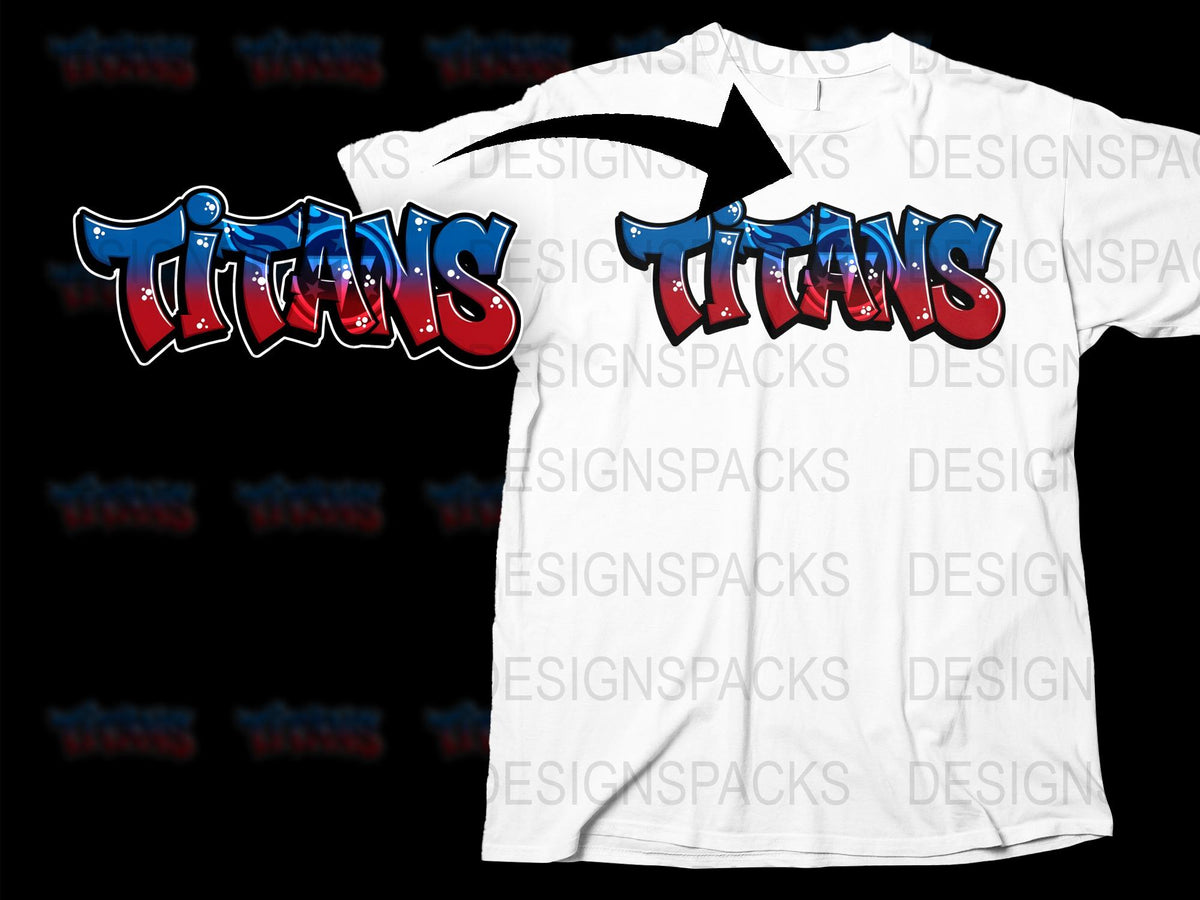 Graphic Titans T-Shirt, Bold Blue and Red Logo Design, Unisex Casual Wear, Trendy Graphic Tee