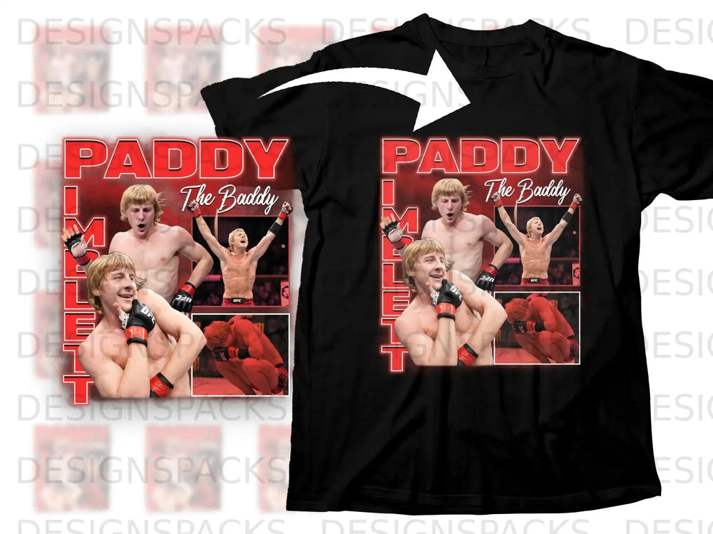 Black t-shirt featuring Paddy The Baddy with UFC fight images.