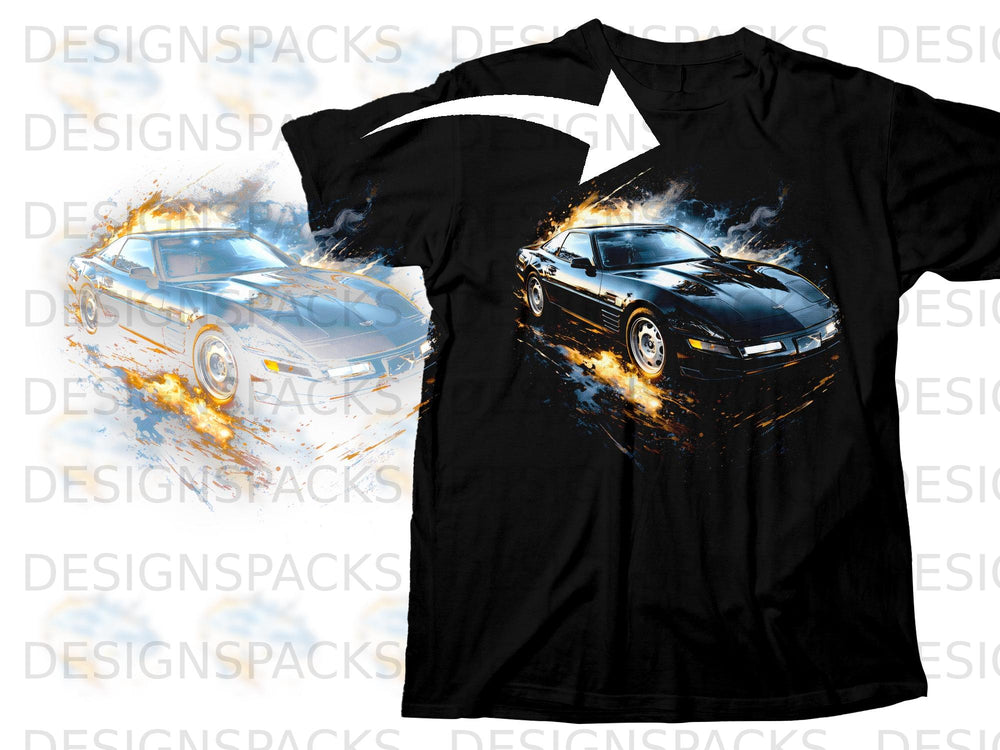 A black t-shirt displays a graphic of a black sports car surrounded by fiery abstract splashes.