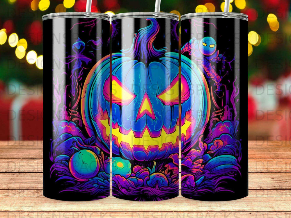 Halloween pumpkin tumbler with spooky glowing eyes and colorful decorations.