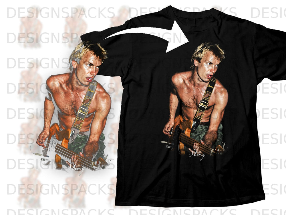 Black t-shirt featuring Sting playing a bass guitar with the text "Sting" below.