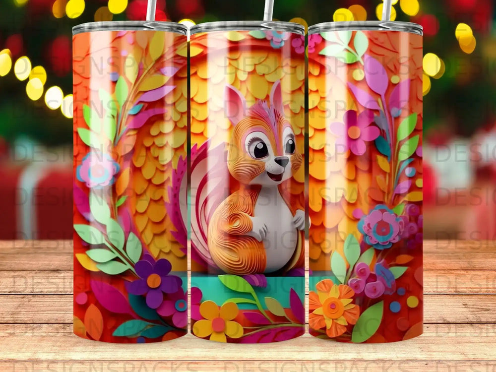 Colorful squirrel with floral accents on a textured background, wrapping around a tumbler.