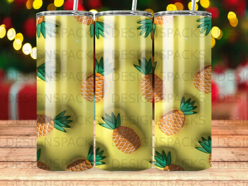 Yellow tumbler with repeating pineapple pattern.