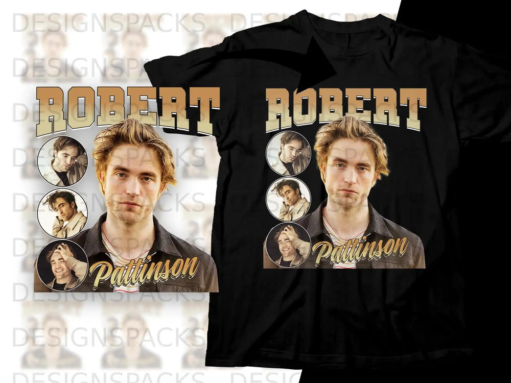Robert Pattinson graphic tee with stacked portrait images and "Robert Pattinson" text.