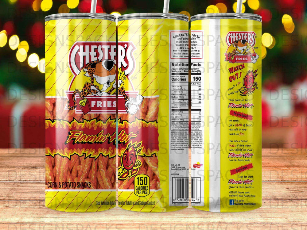 Chester's Flamin' Hot Corn & Potato Snacks bag with nutrition facts.