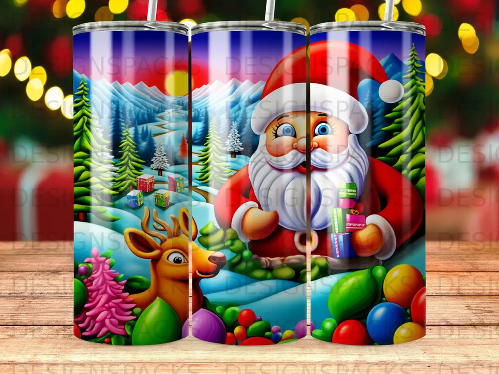 Santa Claus and a reindeer with colorful holiday gifts against a snowy landscape.