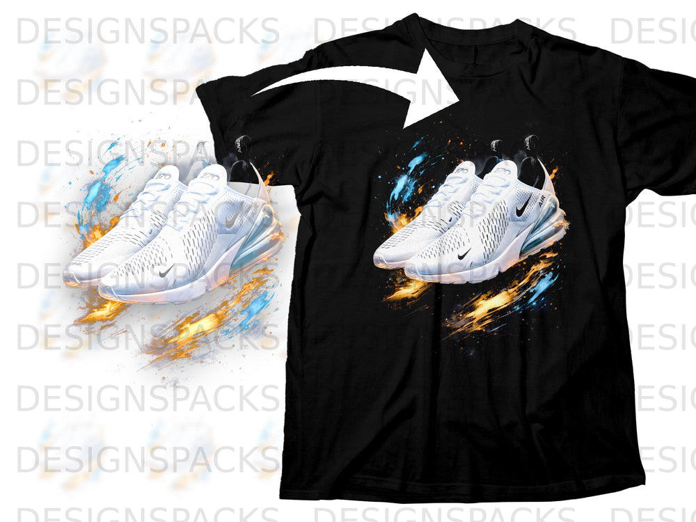 Black t-shirt with graphic of white Nike Air Max 270 sneakers and abstract fiery splashes.