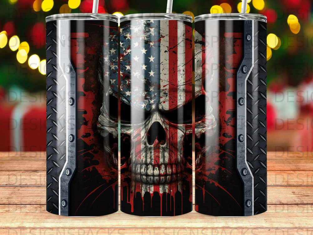 American flag skull with metallic diamond plate border and dripping paint effect.