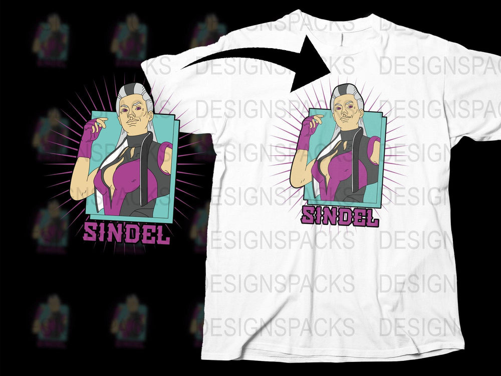 Sindel Mortal Kombat Graphic T-Shirt, Retro Video Game Character Tee, Purple and Pink Design